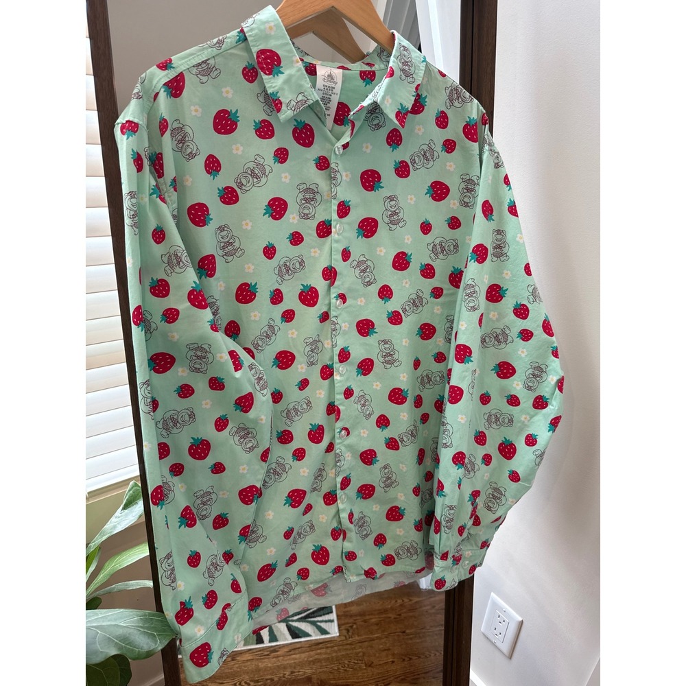 Disney Parks Button Down Shirt Strawberry yogi Bear Print‎ Long Sleeve XXL EUC